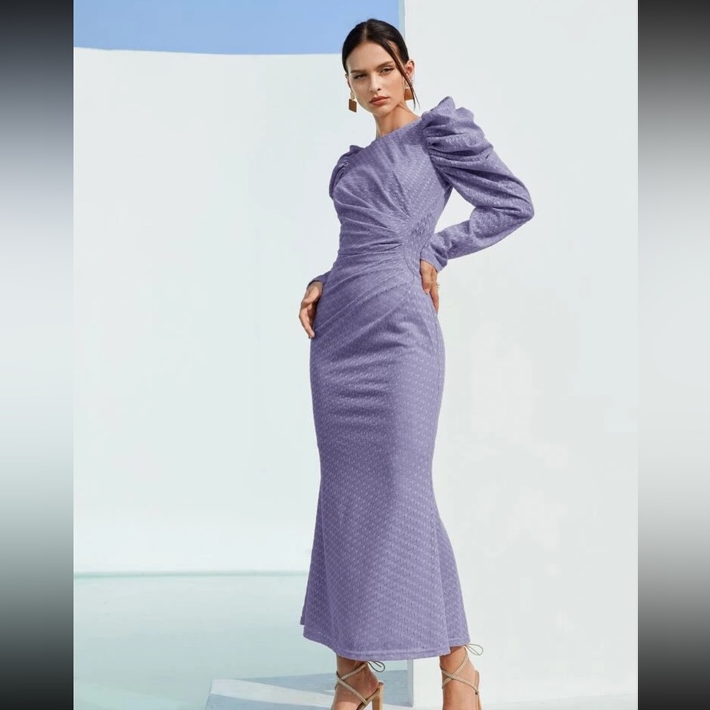 Gigot Sleeve Ruched Solid Lace Lilac Dress